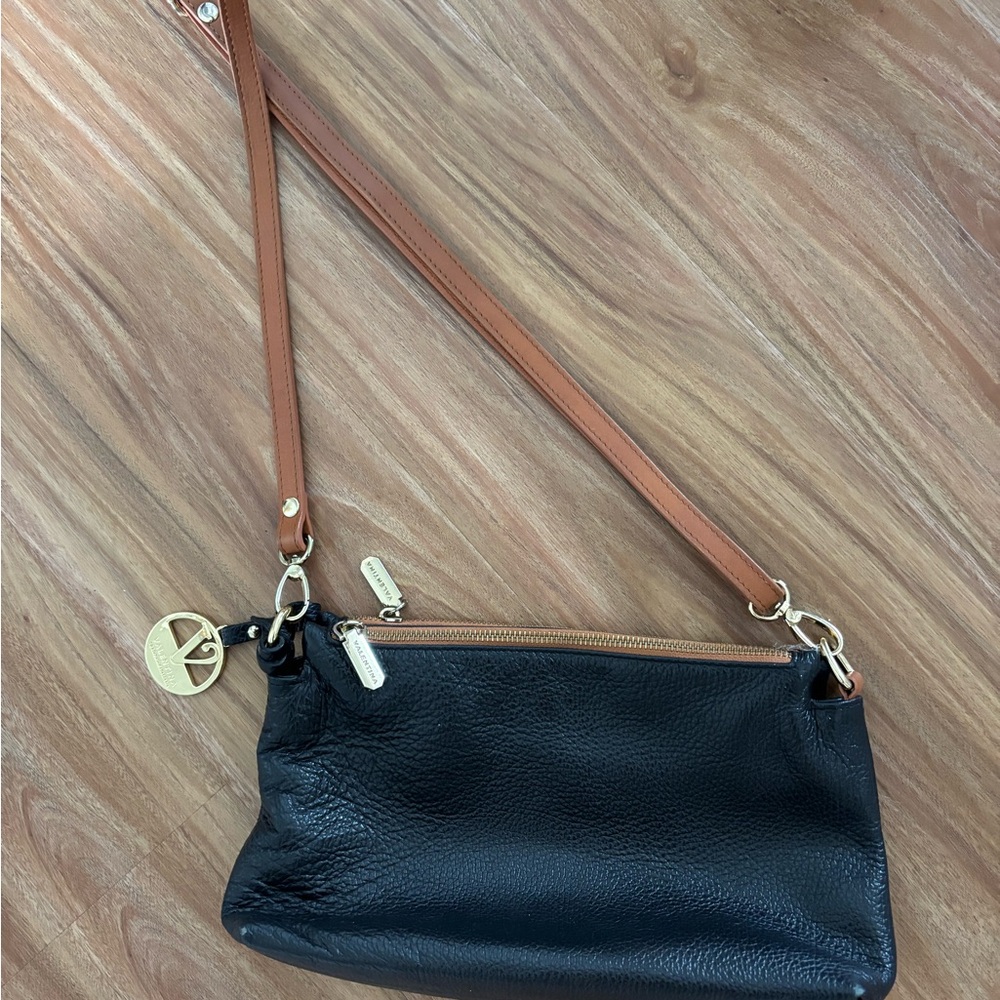 Tan and Black Crossbody Bag with Silver Hardware